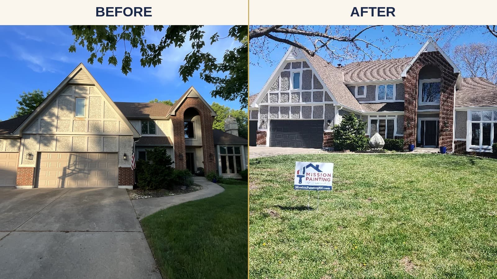 Mission Painting exterior repaint before and after — Tudor-style home in Overland Park with fresh white trim and dark accents